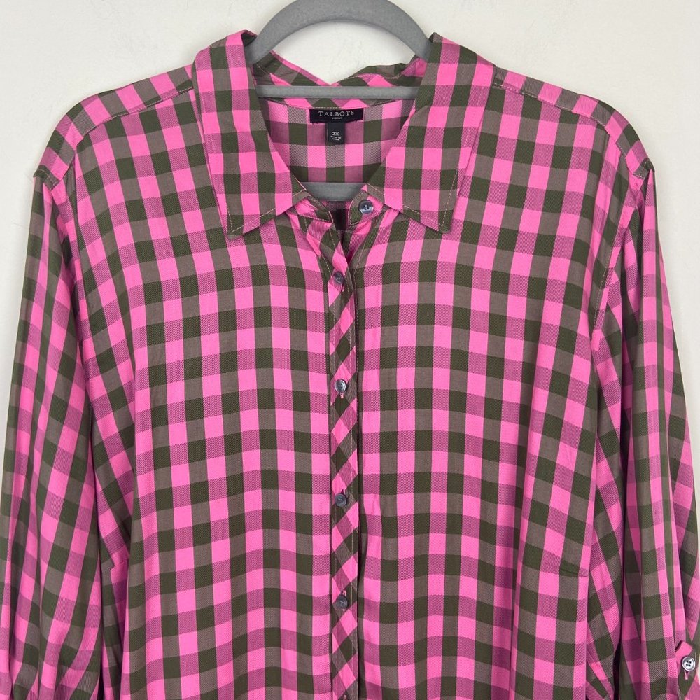 Talbots Pink and Brown Plaid Button Down Shirt - Picture 2 of 8